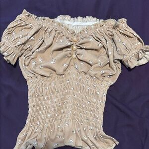 Elegant Beige Floral Smocked Blouse